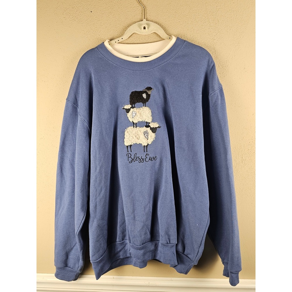 Vintage Morning Sun Womens Blue Bless Ewe Sheep Sweater XL Grannycore
